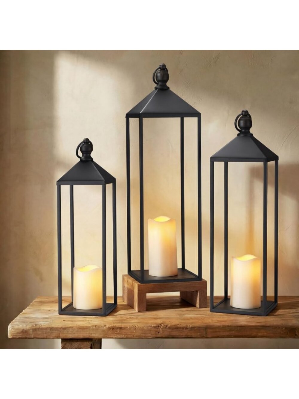Set of 3 Black Metal Lanterns with LED Timer Flameless Candles - Farmhouse Decor